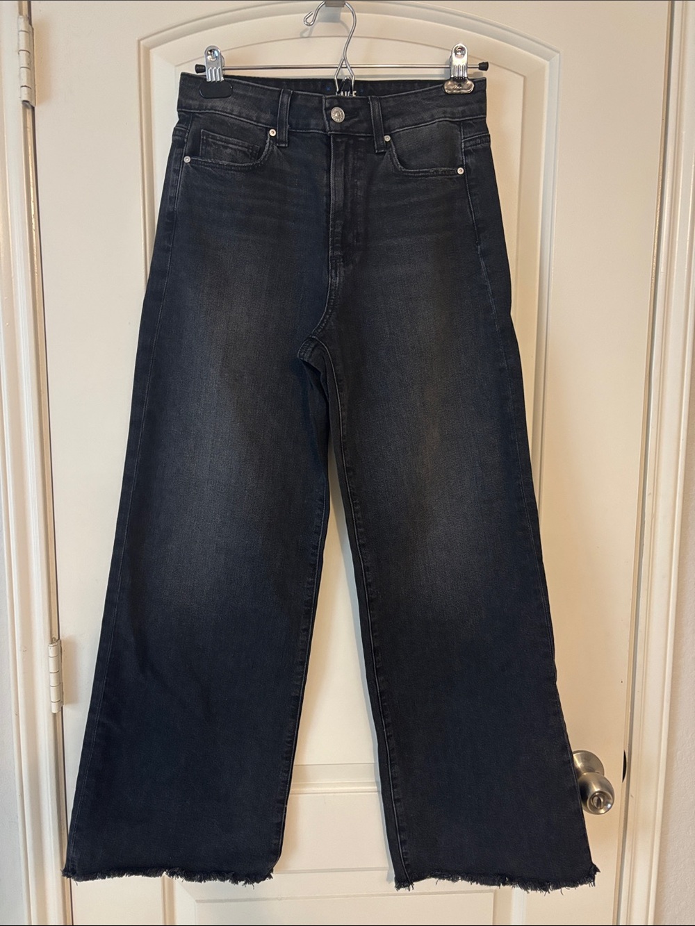 PAIGE ANESSA 31” High-Rise Wide-Leg Jeans in Washed Black — Frayed Hem
